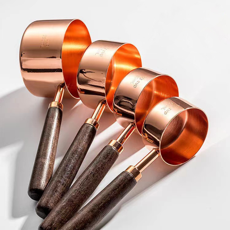 Walnut wood stainless steel measuring spoon measuring cup set 8-piece set with scale baking tool 4-piece set rose gold spoon