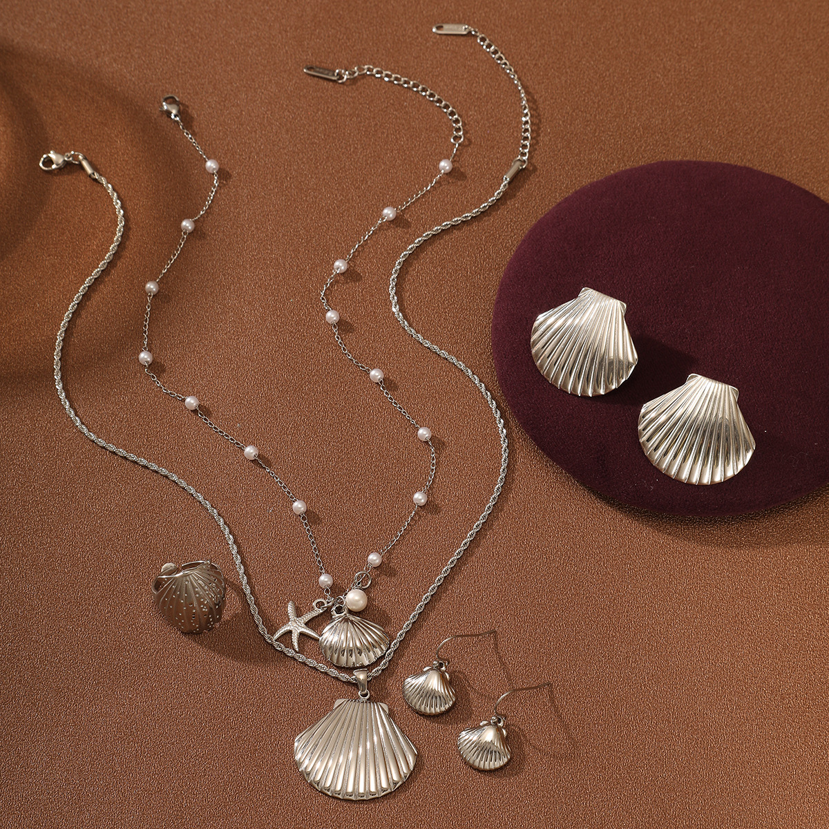 New Ocean Shell Pearl Titanium Steel Necklace Set for Women Stainless Steel Pendant