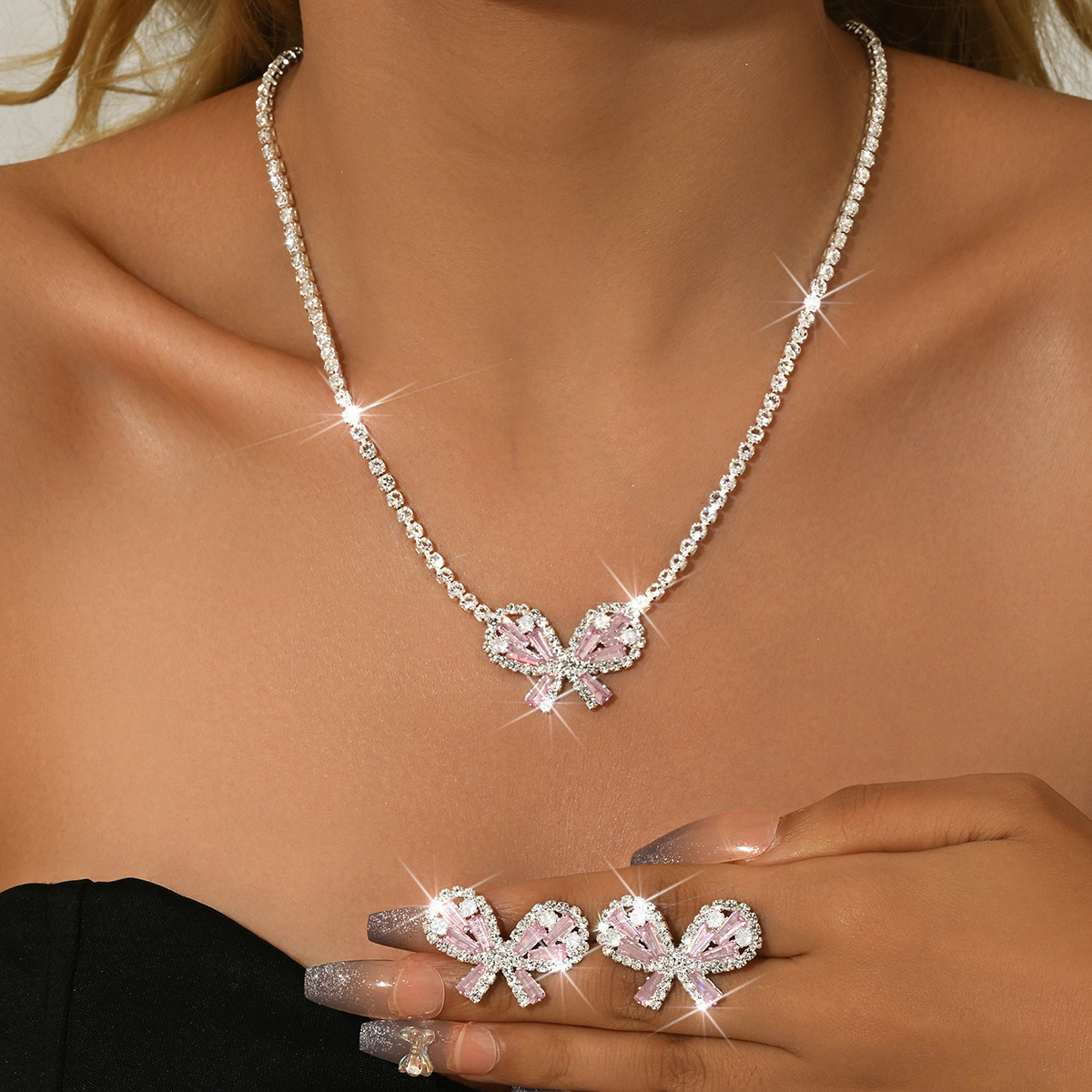 Jewelry Set Sweet Simple Bow Necklace Earrings Two-Piece Wedding Dress Exquisite Accessories
