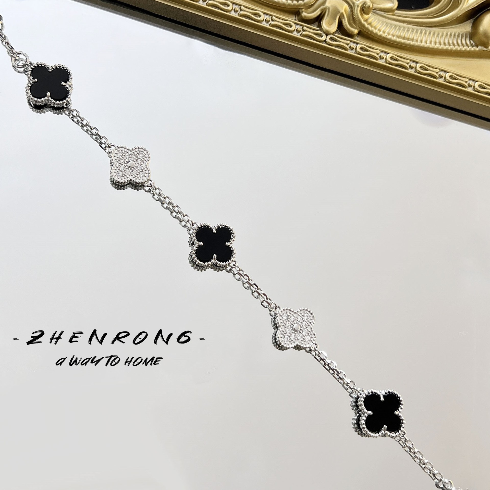 Premium five-flower panda four-leaf clover bracelet niche black agate flower bracelet women
