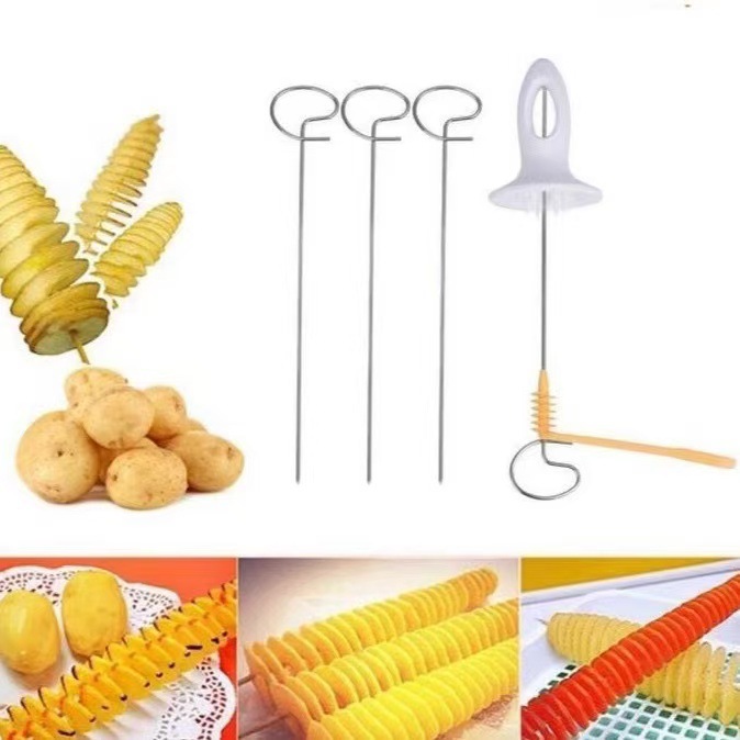 Household manual cyclone potato slicer spiral chip rotating potato slicer potato tower tool with steel skewer set