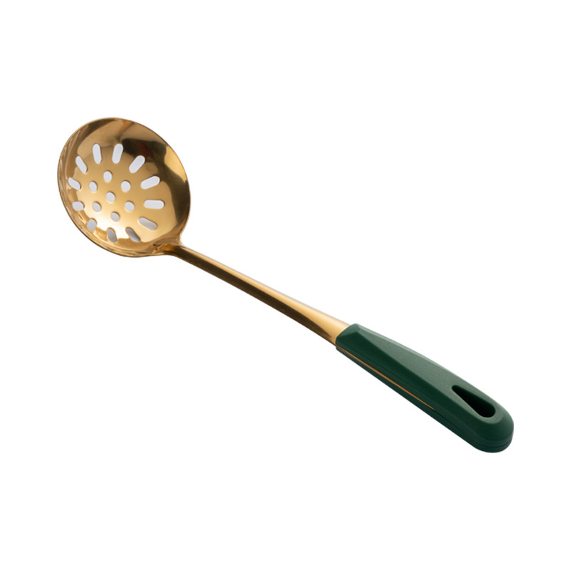 New 304 stainless steel soup spoon, soup slotted spoon, long-handled hot pot spoon, dark green gold-plated soup ladle kitchen set