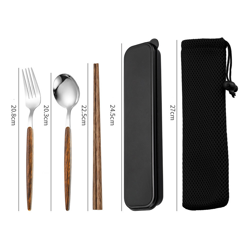 Chopsticks and spoon set, one-person convenient tableware, student storage box, fork, single wooden chopsticks, three-piece set