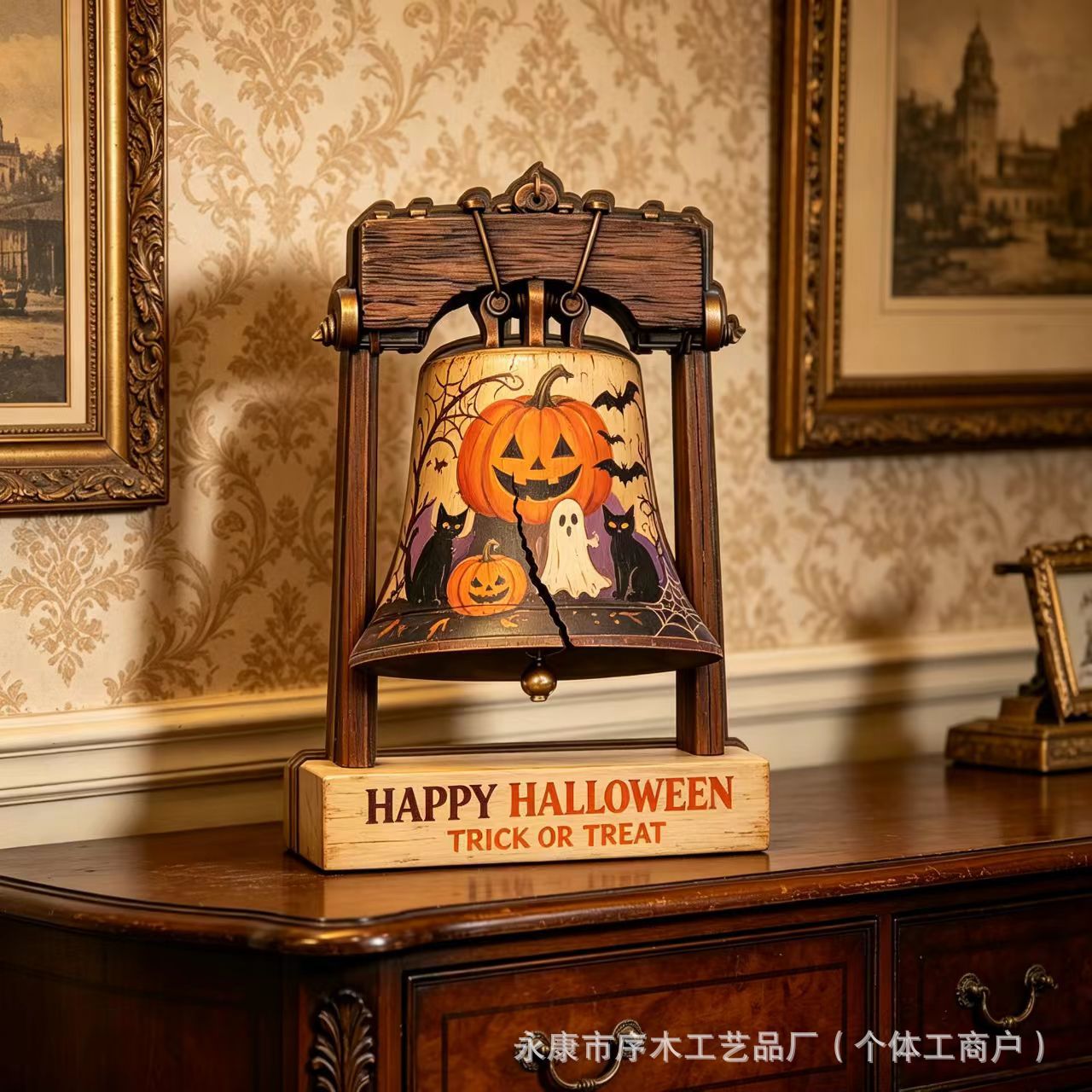 American Style Halloween Wooden Bell Ornament Distressed Tabletop Decoration Ghost Pumpkin Halloween Holiday Craft Ornament