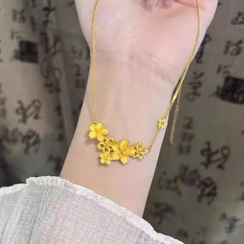Sand gold new Chinese style three-life flower set chain gold-plated sense of flowers collarbone necklace wedding flower necklace