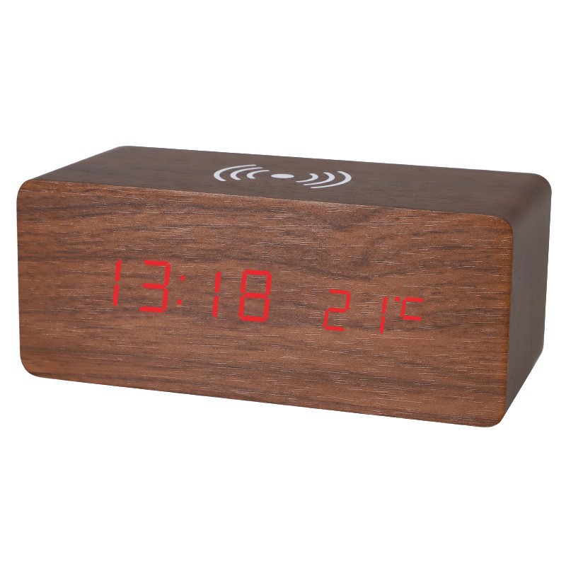 Smart LED wooden clock digital electronic alarm clock, charging clock bedside wireless charging digital wooden clock