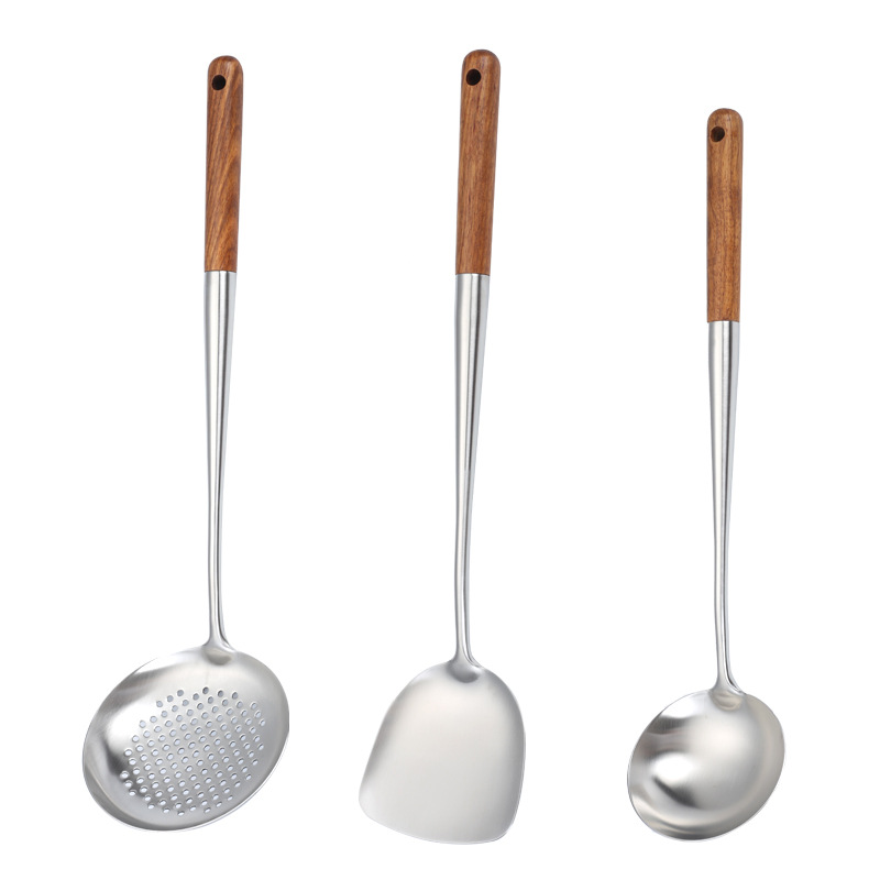 201 stainless steel wok spatula chef special cooking spoon wooden handle household long handle soup spoon serving spoon wok spoon