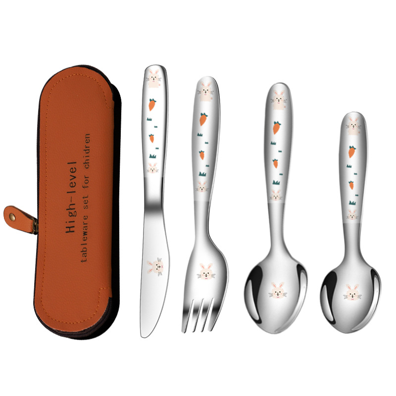 Children's cutlery knife fork spoon 304 stainless steel set 4-piece laser cartoon pattern western knife fork
