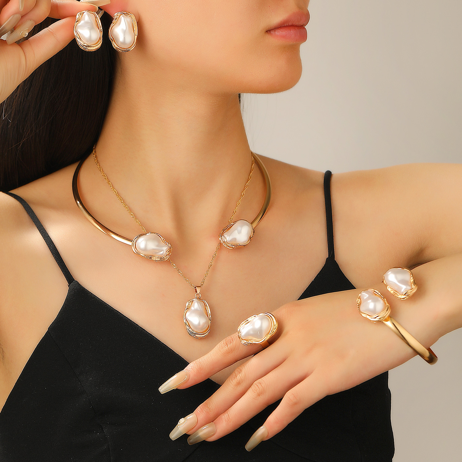 Irregular Baroque Pearl Jewelry Set Women Necklace Earrings Ring Bracelet Choker