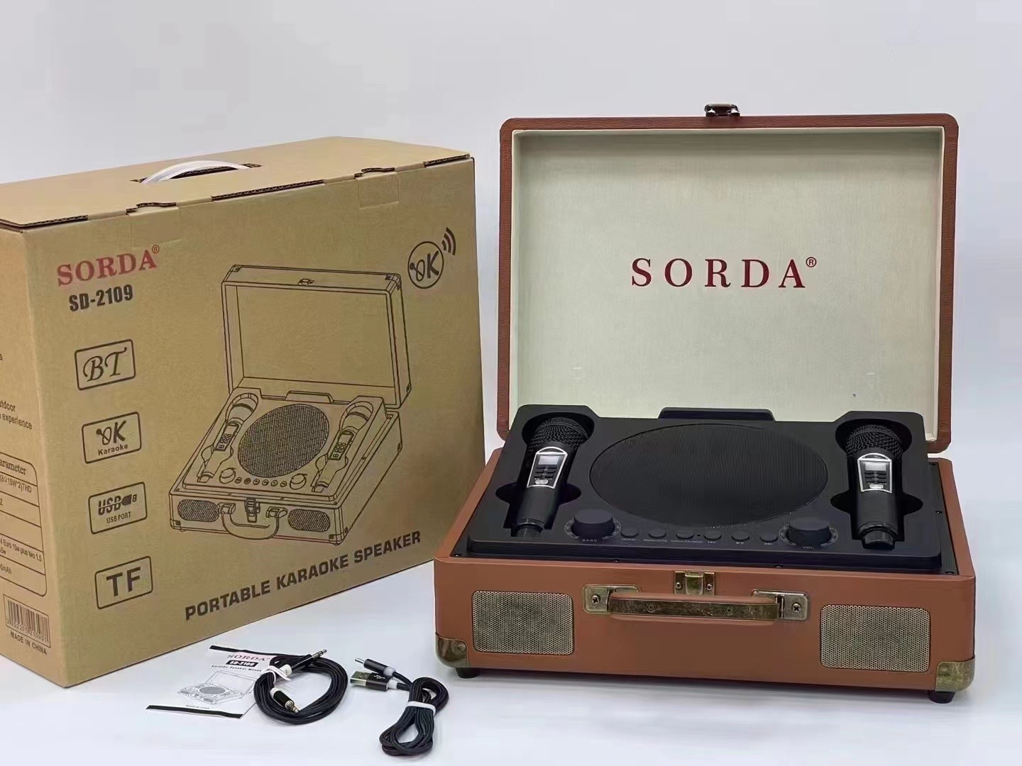 SD2109 Portable Bluetooth Speaker with Wireless Dual Mic Karaoke Machine Outdoor Home KTV Wooden Box