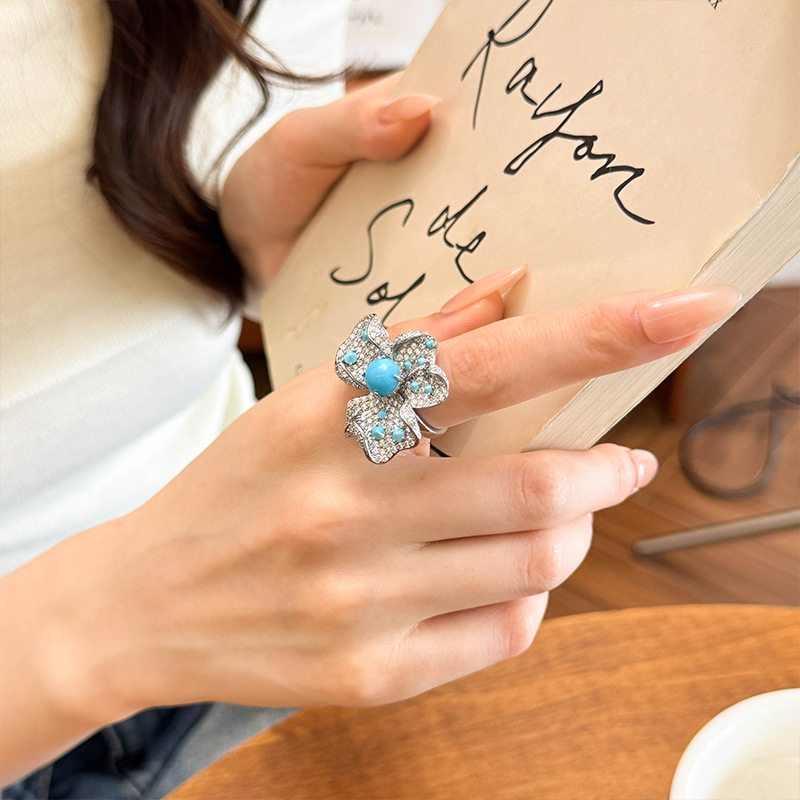 Heavy Craft Inlaid Blue Turquoise Flower Earrings for Women Ring s925 Silver Needle Elegant Earrings Set