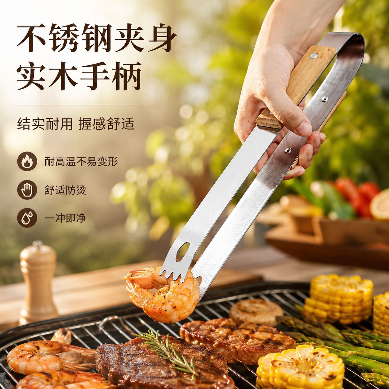 Stainless Steel Wooden Handle Outdoor BBQ Set Camping Portable Picnic BBQ Tools Home