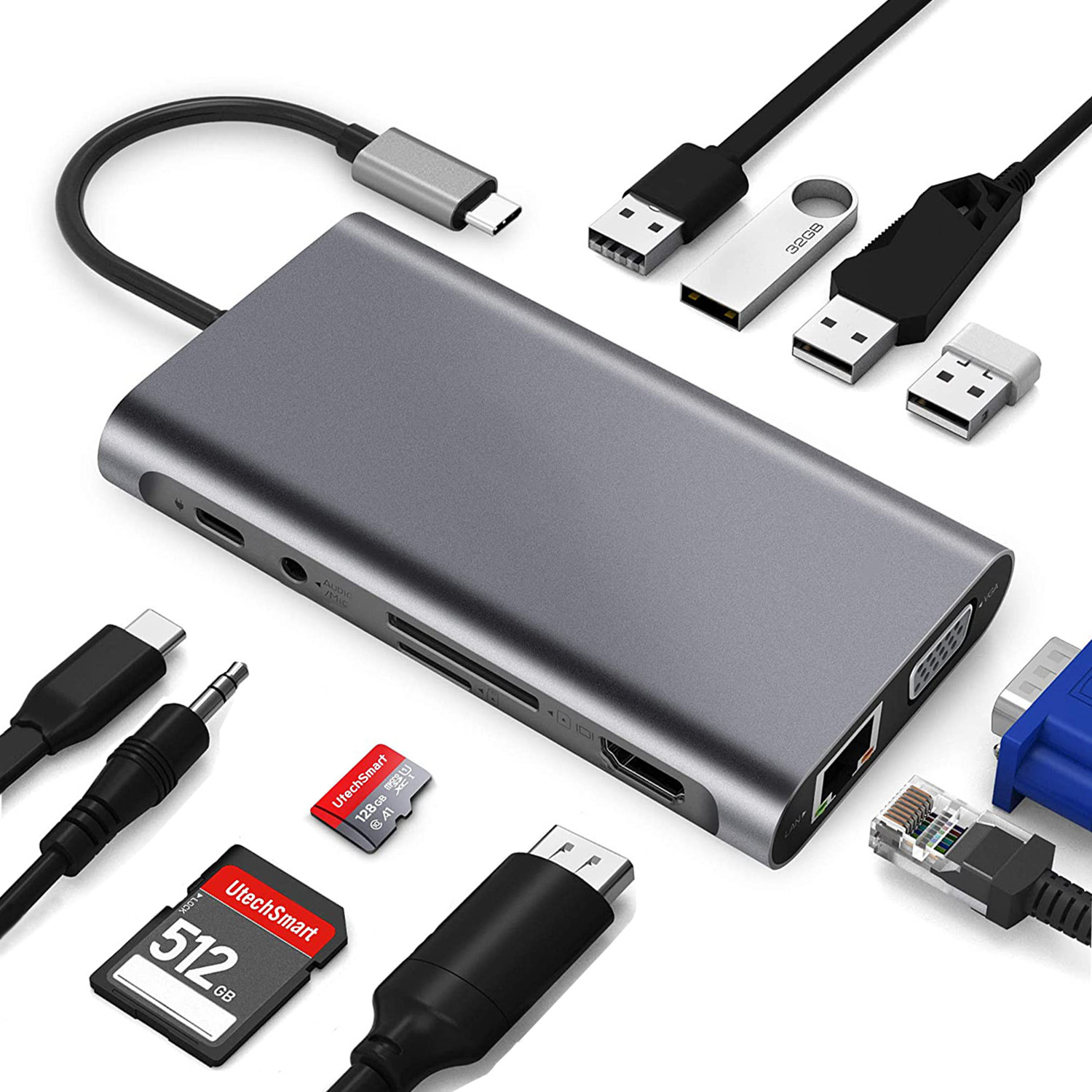 11-in-1 Docking Station Type-C to HDMI 4K Gigabit PD 100W Multi-function Notebook Converter Docking Station