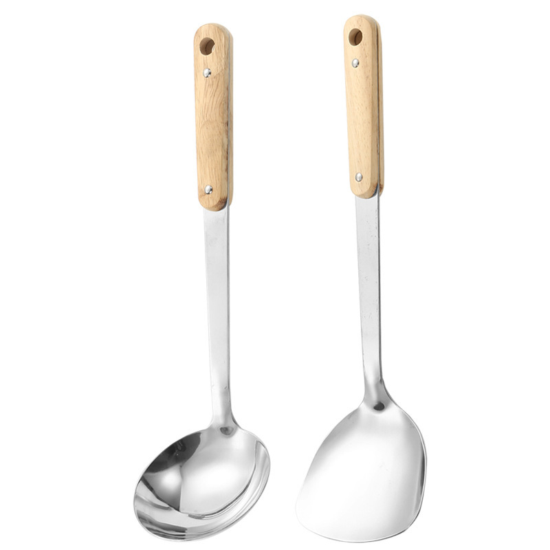 201 non-magnetic three-thick stainless steel soup spoon, solid wood handle spatula, stainless steel household stir-fry spatula, spoon kitchen set