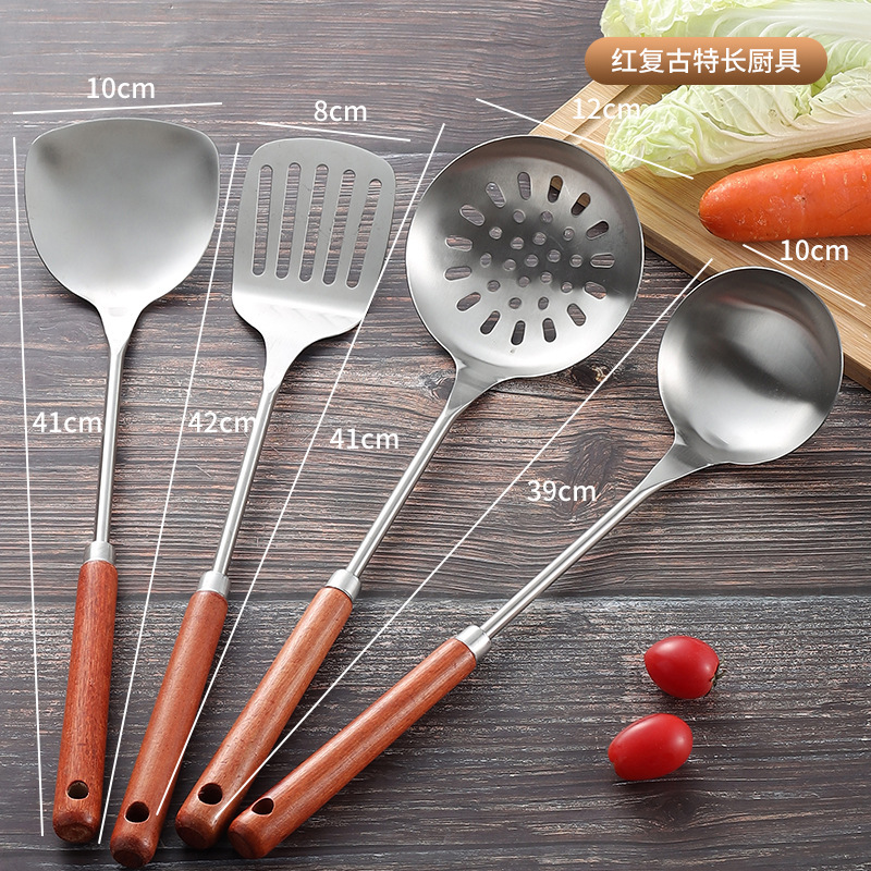 Thickened non-magnetic stainless steel pot shovel, kitchen wooden handle spatula, cooking spoon, 9.9 yuan store display