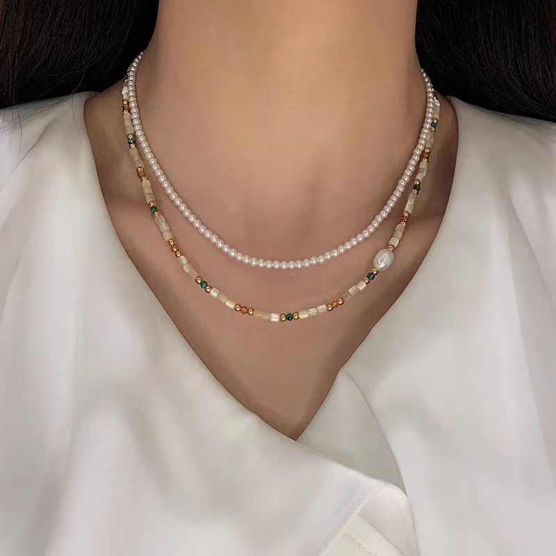 Natural stone shell necklace for women, summer bead new Chinese-style dopamine collarbone neck chain accessory
