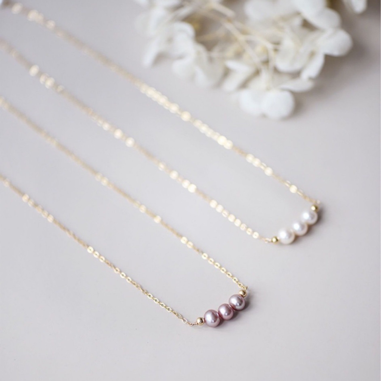 Simple Smile Natural Freshwater Pearl 18K Gold-Filled Collarbone Chain Pink Purple Three-Pearl Necklace