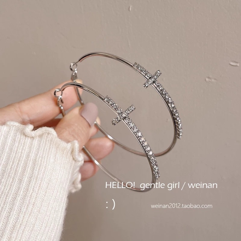 75#十字水钻银色耳圈耳钉