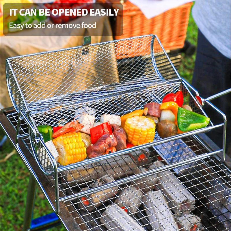 Custom BBQ Grill Grill Cage Round Grill Basket Outdoor BBQ Smoker Cage Portable BBQ Net Rotating Roller