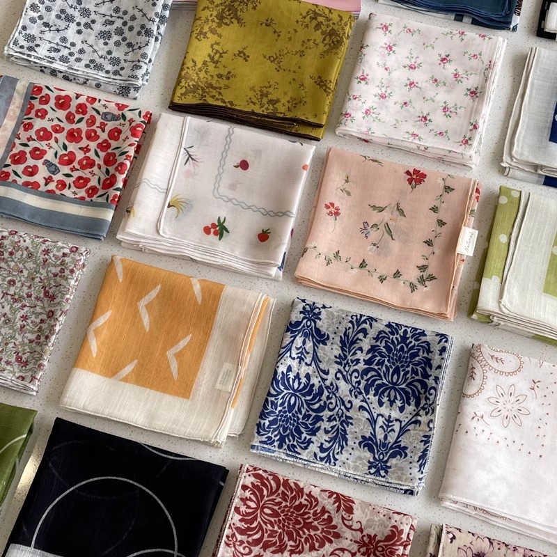 Cotton-linen square scarf collection ~ super many floral and polka dot neck scarf, forest style headscarf, hairband, bag for women