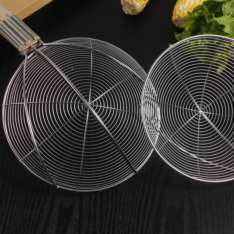 Stainless steel colander, large kitchen filter mesh strainer, noodle strainer, commercial large frying colander, wooden handle wire strainer