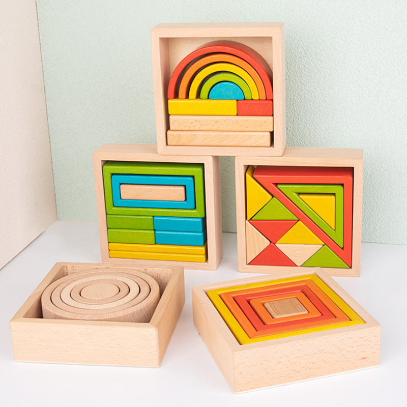 Children's Early Education Educational Beech Large Rainbow Building Blocks Color Shape Cognition Versatile Assembly Wooden Toy