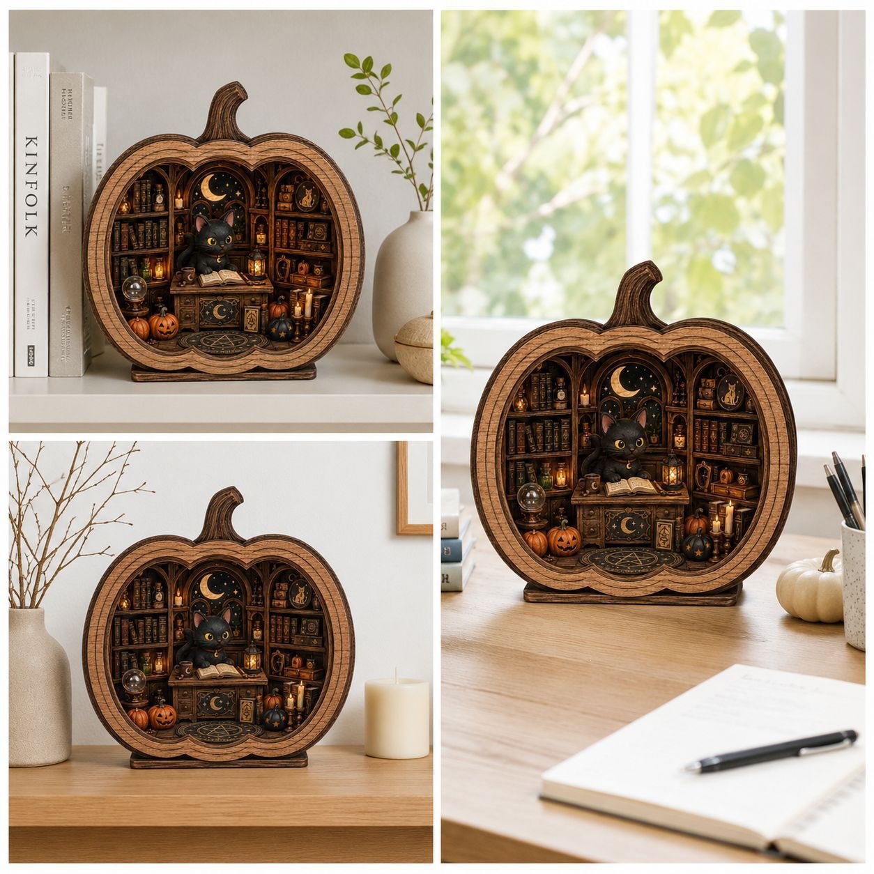 Halloween Pumpkin Magic Book House Wooden Ornament Black Cat Three-Dimensional Carving Home Decoration