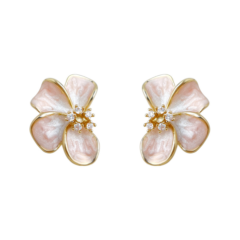 Fresh and sweet micro-set zircon silver-plated needle enamel drip glaze gradient color flower earrings for women, electroplated earrings